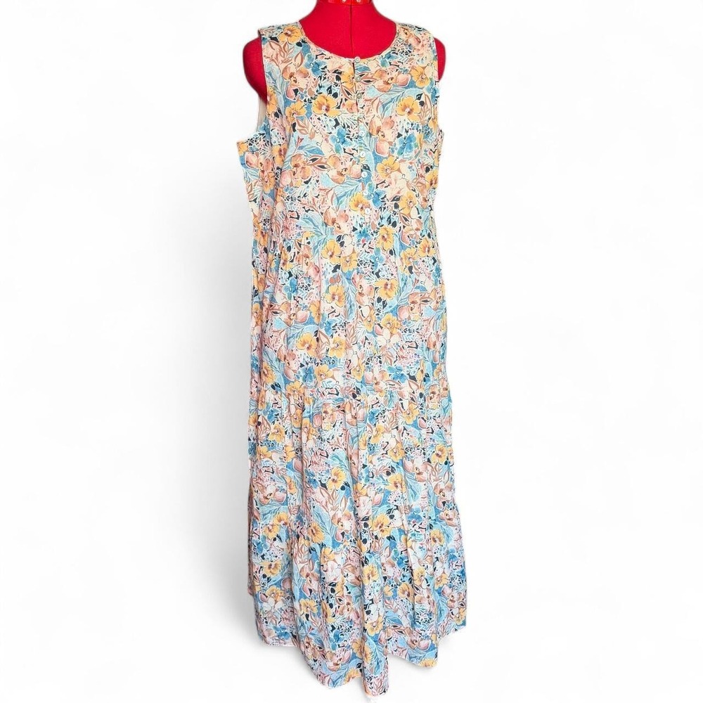 J Jill 100% cotton floral midi to maxi tiered sleeveless dress size medium